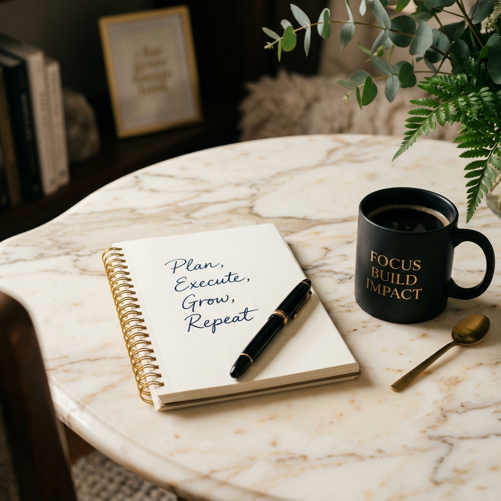 Desk with notebook and coffee mug